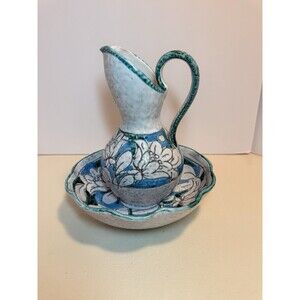 Vintage Enesco hand-decorated stoneware pitcher and bowl set